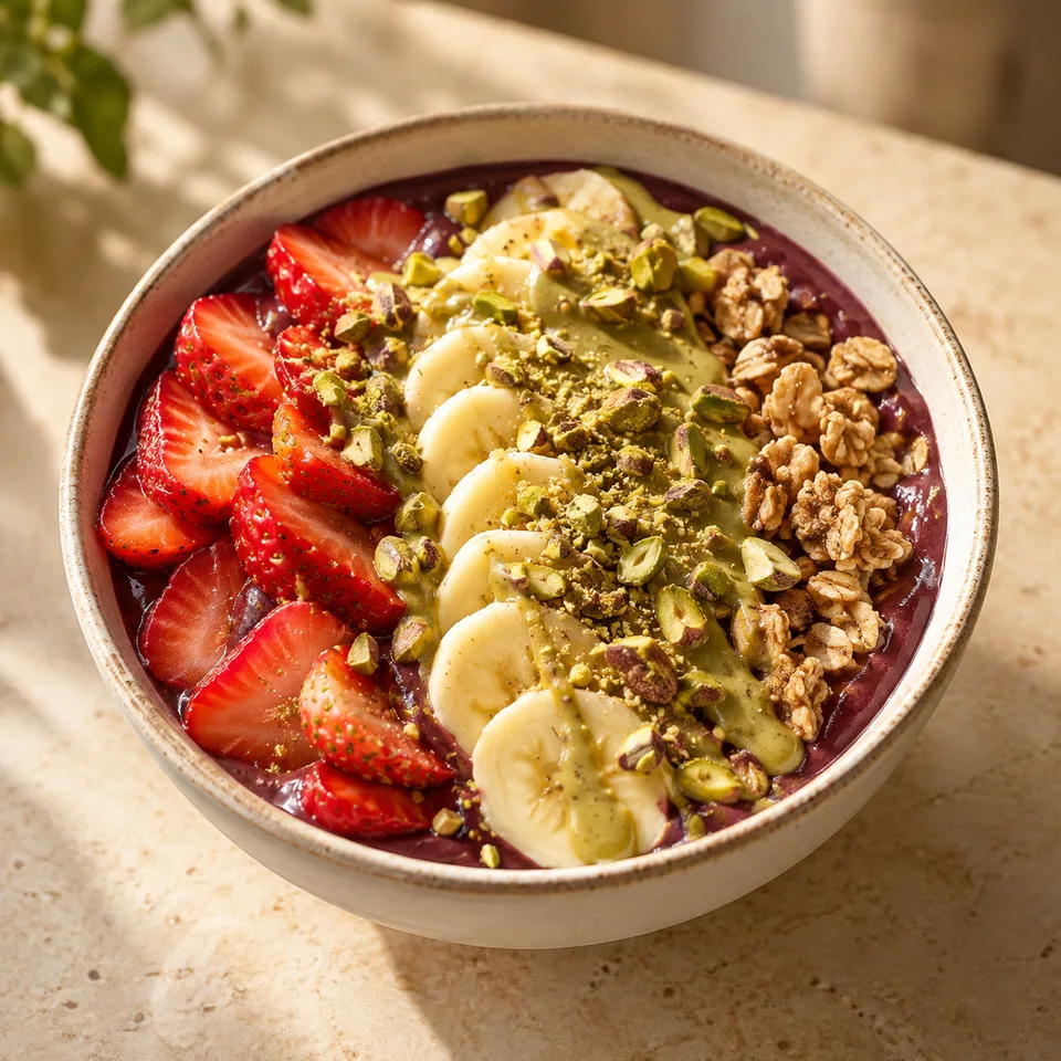 Bowl de açaí en un mostrador de piedra clara